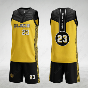 ชุดเสื้อบาสเก็ตบอล Blaze Sportswear แบบ unisex แขนกุด คอวี หมายเลข 23 สีเหลืองดำ พิมพ์ลายแบบ Sublimation ระบายเหงื่อได้ดี ทรงหลวม ด้านหน้า 100% - Product Image 1