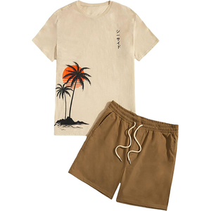 Ensemble streetwear homme t-shirt et short en jersey de coton épais 240 GSM, short marron terre avec empiècements, logo personnalisé imprimé, ensemble 2 pièces - Product Image 1