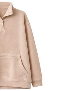 Sudadera con capucha de forro polar extragrande beige para mujer, con cuello de botón a cuarto, bolsillo canguro, gruesa, de invierno, de fabricante - Product Image 4