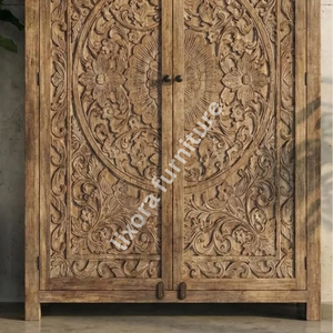 Luxury Handcrafted Solid Wood 2 Door <b>Wardrobe</b> Ornate Botanical Mandala Carving Natural - Product Image 3