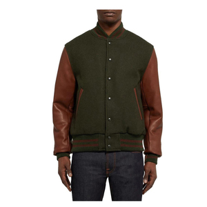 Veste de sport verte pour homme avec manches en cuir marron, col montant, fermeture à boutons, vêtement décontracté pour l'automne - Product Image 3