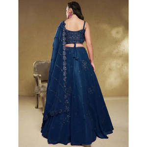 Navy Blue Sequins Georgette Ball Gown Reception Lehenga Choli with <b>Crystal</b> Beading - Product Image 3