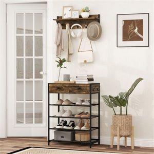 Multifunctional 5-<b>Hook</b> Coat Rack and 2-Drawer Shoe Stand with 4 Mesh <b>Shelves</b> Entryway Storage Solution - Product Image 6