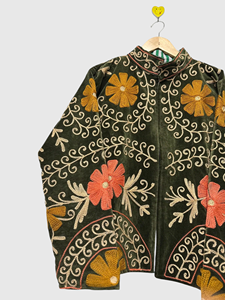 Veste en velours brodée de fleurs, col mandarin, manches longues, taille plus, vêtements d'automne pour femmes, style élégant - Product Image 5