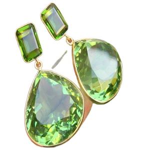 Boucles d'oreilles en argent Sterling 92.5, Quartz vert poli, bijoux d'oreille en or pour femmes et filles, cadeau chrétien - Product Image 1