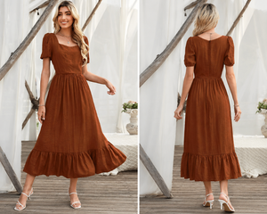 Vestido Midi de Lino y Algodón con Volantes, Mangas Abullonadas, Cintura Imperio, Estilo Bohemio, Transpirable, Fruncido, Marrón, Verano, Vintage, Venta al por Mayor - Product Image 3
