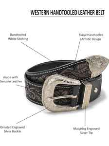 Ceinture en cuir de style western Rub International Premium pour hommes - Design floral en relief, boucle en argent gravée, style vintage - Product Image 6
