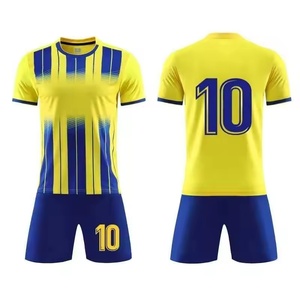 Ensemble de maillot et short de football personnalisé pour homme, respirant, séchage rapide, 100% polyester, antibactérien, impression numérique, jaune et bleu, jersey uni - Product Image 1