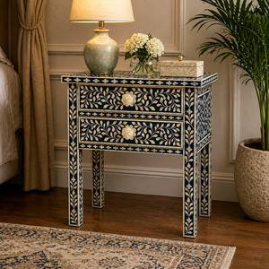 Luxury Resin Bone Inlay Nightstand 2 Drawer Floral <b>Bedside</b> <b>Table</b> Handmade Bone Inlay Furniture Cabinet End <b>Table</b> for Bedroom - Product Image 4
