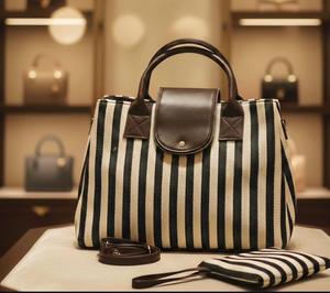 Bolso Tote Clásico de Lona con Rayas Verticales y Solapa de Cuero - Product Image 1