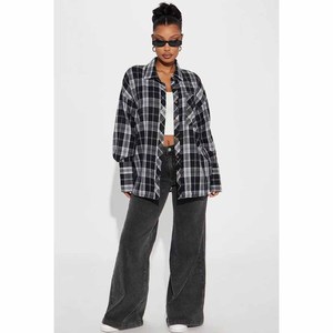 Oversized Plaid <b>Flannel</b> Shirt With Turn Down Collar Full Sleeve Casual <b>Top</b> For Women Autumn Style - Product Image 3