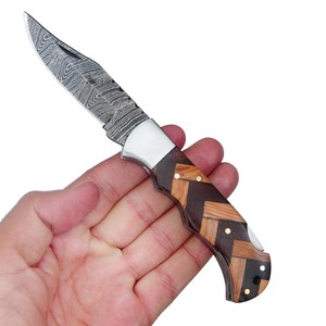 Cuchillo Plegable de Acero Damasco Nordic Forge con Mango de Madera de Olivo y Palisandro, Funda, para Bolsillo, EDC, Caza, Camping, Grado Industrial - Product Image 2
