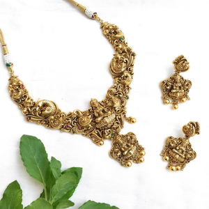 Antique Nakshi Women's Gold Plated Brass Necklace and Earring Set-Wedding Fashion Jewelry - Product Image 2