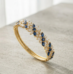 Gold Color Sapphire and Lab Created Diamond Open Bangle <b>Copper</b> Electroplated Floral <b>Bracelet</b> for Women - Product Image 1