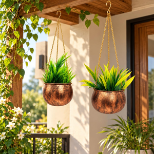 Pot suspendu en métal texturé avec finition cuivre antique et chaîne dorée, support décoratif rond pour plantes d'intérieur - Product Image 3