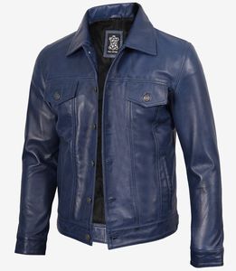 Veste en cuir véritable de mouton bleu, style trucker, avec une couleur bleu vif et des boutons classiques argentés. - Product Image 5
