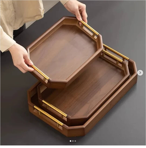 Plateau de service en bois de qualité supérieure avec poignées en métal doré, octogonal, décoratif, pour le café et la salle à manger - Product Image 5