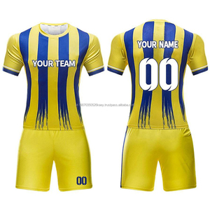 Ensemble d'uniformes de football personnalisés sublimés, bleu marine et jaune, col en V, manches courtes, unisexe adulte, polyester à séchage rapide, en vente - Product Image 4