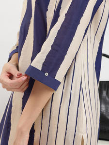 Robe longue rayée à col rond, manches trois quarts, coupe ample, en lin et coton, décontractée, pour l'été, avec ourlet color block, robe pour femme - Product Image 5