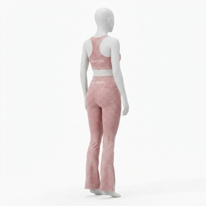 Women <b>Pink</b> Acid Wash Sports Bra Flare Leggings <b>Set</b> High Waist <b>Gym</b> Yoga Workout Activewear - Product Image 2