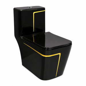 Inodoro Moderno de Una Pieza, Negro con Amarillo, Diseño Elegante, Descarga por Arrastre, Taza Cuadrada - Product Image 1