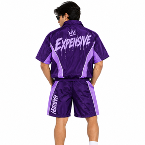 เสื้อแจ็คเก็ตและเสื้อฮู้ดแบบสปอร์ตสตรีทแวร์ OEM ผลิตตามสั่ง สีม่วงดำ กางเกงวินด์เบรกเกอร์สั้น แจ็คเก็ตไนลอนแบบมีฮู้ดสีตัดต่อตามสั่ง - Product Image 3