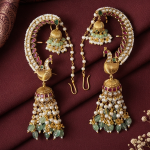 Traditional Imitation Antique Gold Plated Style Kundan Peacock Emerald Cut <b>Ear</b> <b>Cuff</b> Jhumka <b>Earrings</b> Pearl Beads Drop for Women - Product Image 5
