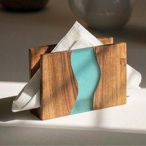 Wooden Tissue Box with Teal Resin Inlay Japandi Style Free <b>Standing</b> Organizer for Tabletop Use - Product Image 3