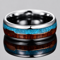 Bague en carbure de tungstène poli bombé de 8 mm avec incrustation turquoise et bois, flèche en or rose pour homme - Vente en gros