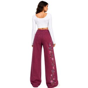 Jean large brodé floral bordeaux pour femme, taille haute, coupe ample, style vintage, décontracté, mode, vêtements personnalisés OEM ODM - Product Image 2