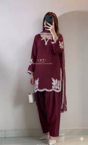 Women's Maroon Cotton Salwar Kameez Set With White Embroidery Traditional Indian Casual Wear Loose Fit <b>Ankle</b>-Length - Product Image 2