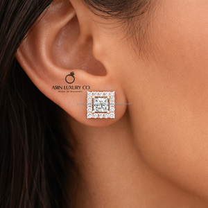 Boucles d'oreilles clous en diamant taille princesse cultivé en laboratoire, or rose 10K/14K/18K, halo carré, bijoux de luxe pour mariage pour femme - Product Image 3