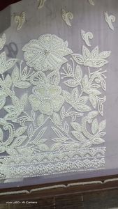 Embroidered Lace <b>Fabric</b> With Pearl Flowers Sheer <b>Polyester</b> Wedding Apparel Women's Craft Material - Product Image 2