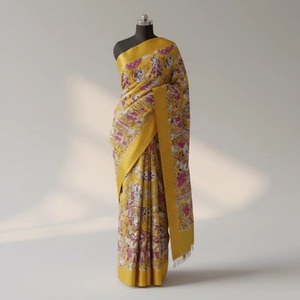 Sari de algodón Kalamkari Golden Blossom, el más vendido, tela de algodón suave y transpirable para uso festivo y diario, disponible para la venta. - Product Image 1