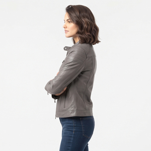 Veste en cuir véritable pour femme, style vintage, veste de motard en cuir, veste en cuir tricotée avec poche poitrine pour femme - Product Image 4