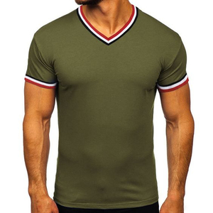 T-shirt d'été pour homme en coton tricoté de haute qualité, 100 % coton, col en V, manches courtes, avec bordure contrastée, couleur unie, écologique, col en V profond - Product Image 6