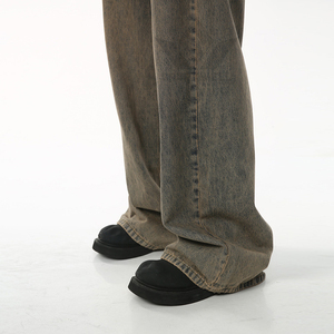 <b>Men's</b> Khaki Wash Baggy Denim <b>Jeans</b> <b>High</b> <b>Rise</b> Loose Fit Full Length Washed Cotton Five Pocket Casual Streetwear - Product Image 5