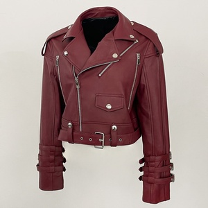 Blouson moto en cuir véritable noir gaufré avec fermeture éclair, manches longues, col ouvert, style court pour femme, automne - Product Image 4