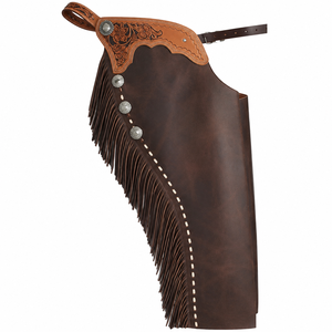 Premium Western <b>Leather</b> Fringed Chaps with Hand-<b>Tooled</b> Yoke - Product Image 2
