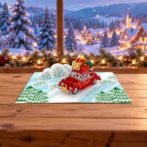 Carte pop-up 3D de Noël avec Père Noël au volant d'une voiture, animaux et grand bus de Noël, carte origami, enveloppe, carte de vœux faite à la main, cadeau spécial - Product Image 1