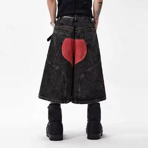 TOPSHOW Short en jean ample mi-longueur respirant de haute qualité, délavé, motif squelette 3D, style cargo usé - Product Image 1