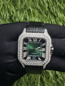 Reloj mecánico automático de lujo para hombre, caja rectangular, acero inoxidable, bisel de diamantes, esfera verde, correa de cuero, indicador de fecha - Product Image 1