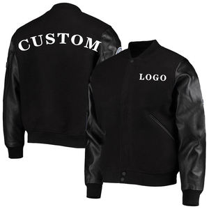 Chaqueta Varsity Negra para Hombre con Ribete Naranja, Mangas de Cuero PU, Logotipo Bordado en la Parte Delantera, Cuello Camisero, Casual, Invierno, Impermeable - Product Image 4