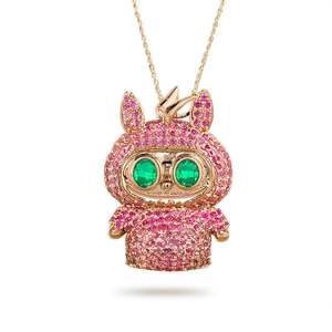 14K <b>Solid</b> <b>Gold</b> Labubu Charm <b>Pendant</b> with Pink Sapphire and Emeralds - Product Image 3