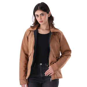 Fashion Women Vintage <b>Brown</b> Cow <b>Leather</b> Stand Collar Knitted Bomber <b>Jacket</b> with Pockets for Winter Unisex Regular Fit - Product Image 1