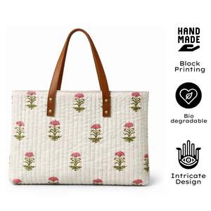 Bolsos de Lona Acolchados Estructurados con Estampado Artesanal de Jaipur, Ligeros, Hechos a Mano, con Asas de Cuero, para Uso Diario en Todas las Estaciones - Product Image 3