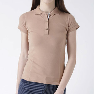 เสื้อโปโลผู้หญิงสีเบจ ผ้าฝ้ายถัก 100% แขนสั้น สีพื้น สไตล์ลำลอง ความยาวปกติ - Product Image 1