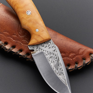 Couteau à éplucher les olives gravé à la main, gravé sur acier D2, avec le même design que la fourreau en cuir, lame de haute qualité. - Product Image 3