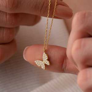 Hallmark 18K Gold Plated <b>Copper</b> Alloy Tiny Butterfly Necklace with Pearl & Zircon Stone - Product Image 1