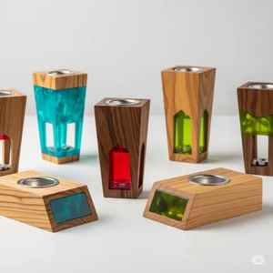 Support de bougie moderne en bois et résine, porte-bougie décoratif fait main en résine époxy et bois, décoration de table pour la maison, cadeau - Product Image 1